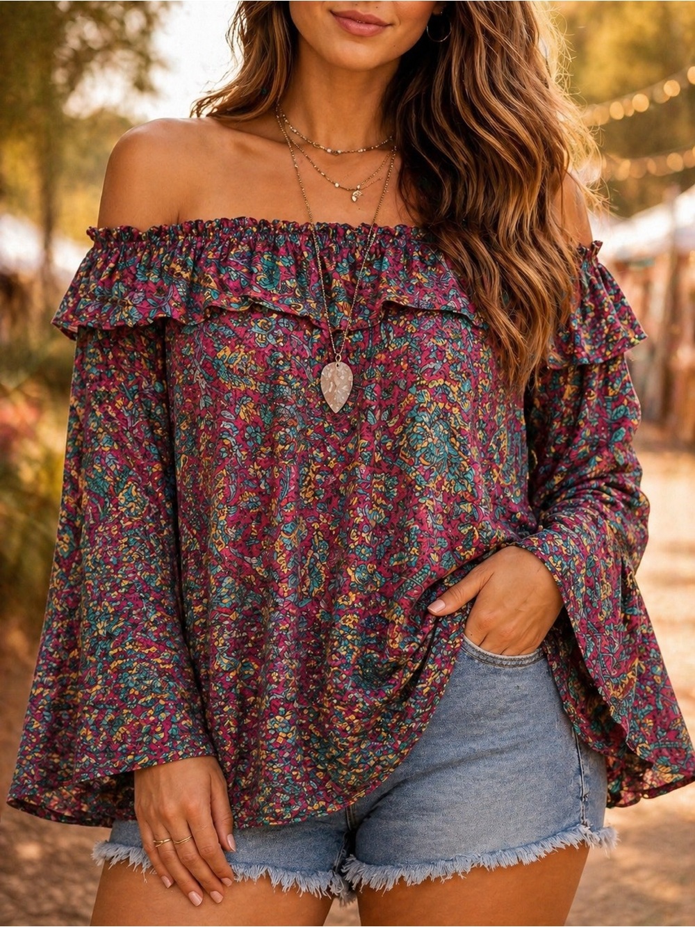 Earthbound Boho Off Shoulder Floral Top Bell Sleeve Festival Tunic Large